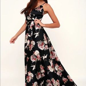 Lulus Satin Black Floral Maxi Dress Size L